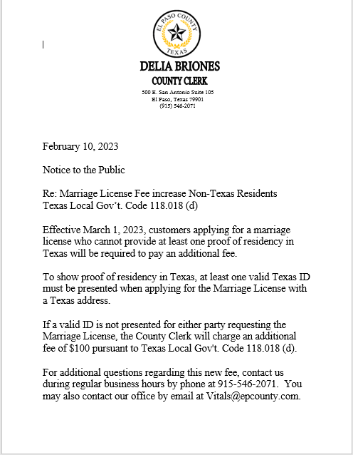 County Clerk Marriage License fee increase effective 3.1.23
