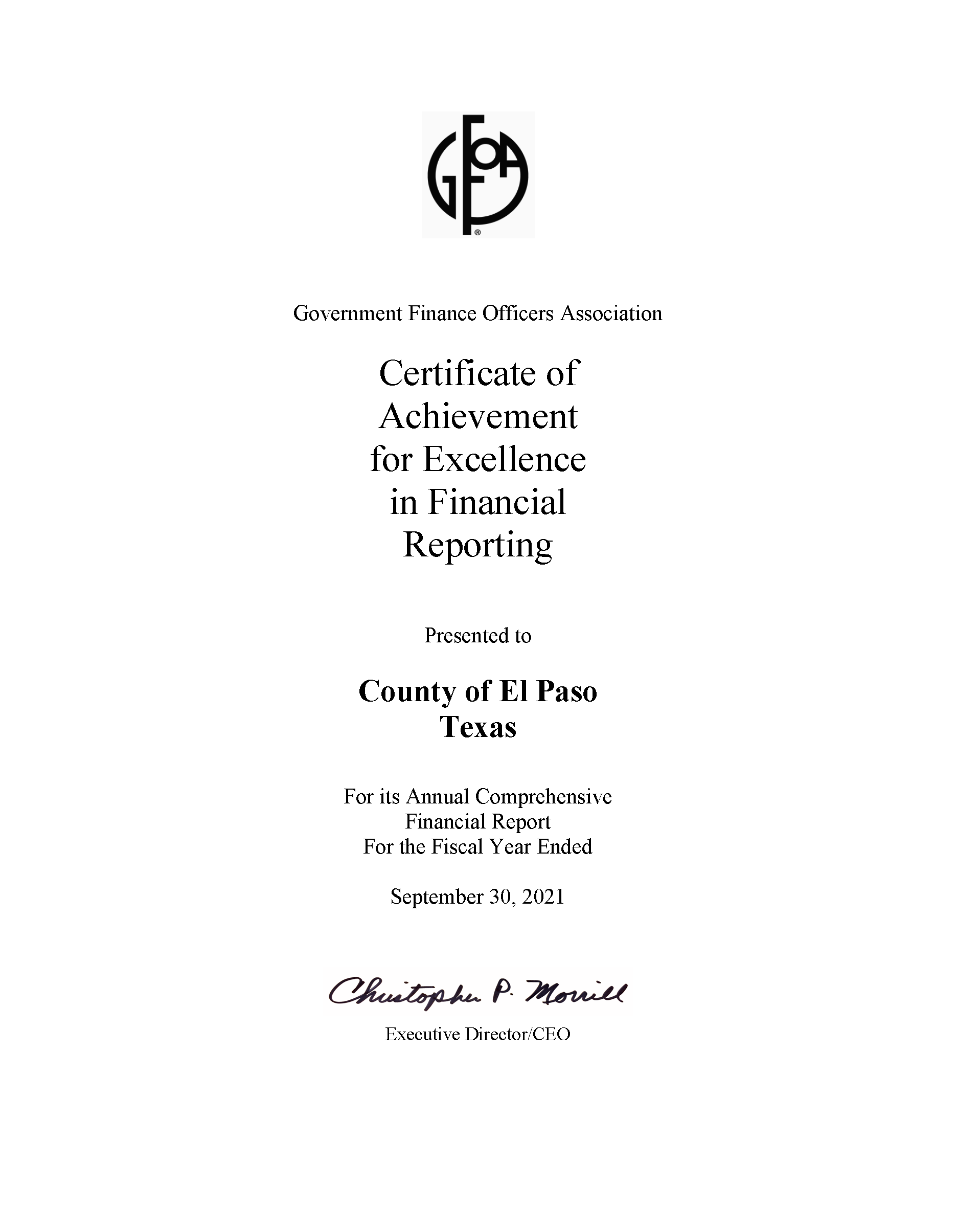 GFOA Excellence in Financial Reporting Certificate